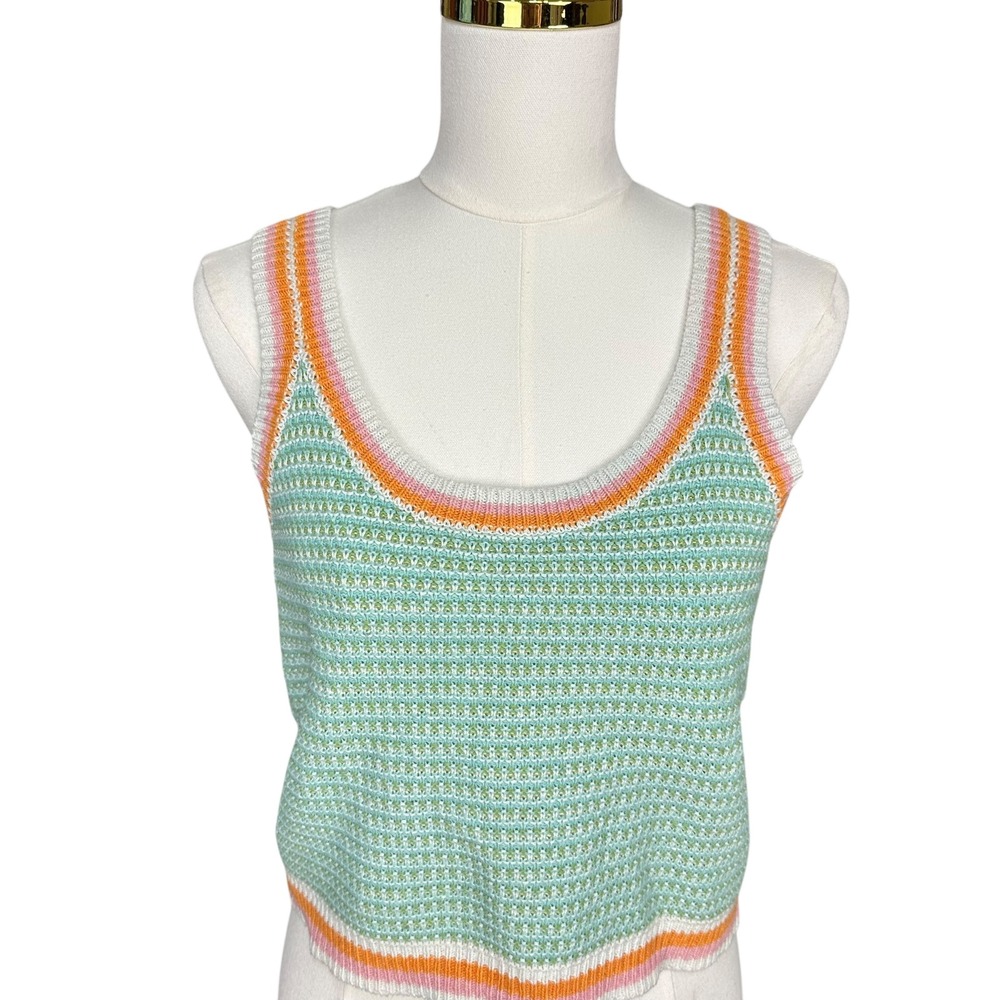 Poem & Thread Womens L Knit Tank Top Mint Green Orange Striped Scoop Neck Pastel